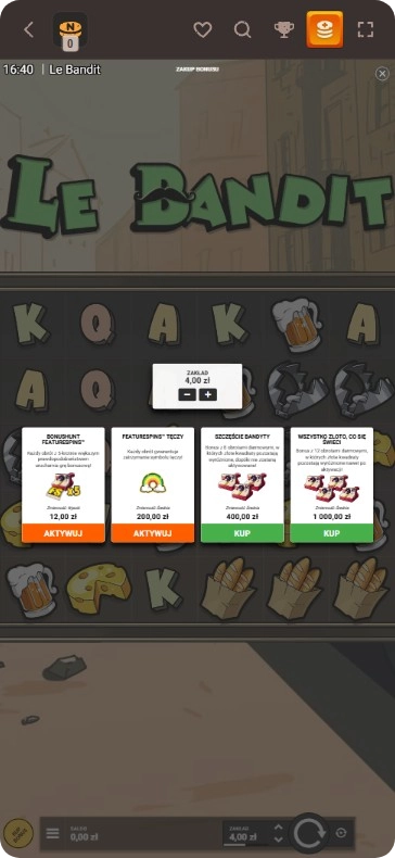 Menu zakupu bonusu w slocie Le Bandit