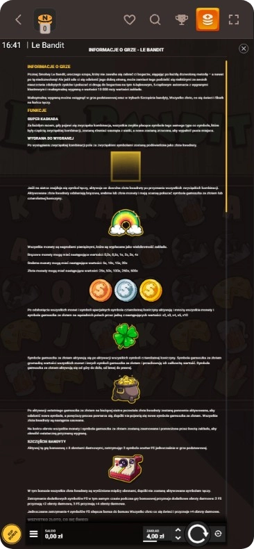 Zasady gry i mechaniki Le Bandit w menu informacyjnym